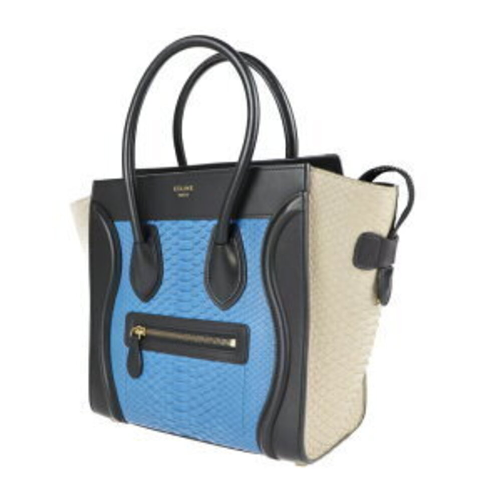 Celine Beige Black Python Luggage Leather Tote Blue Shopper Bag